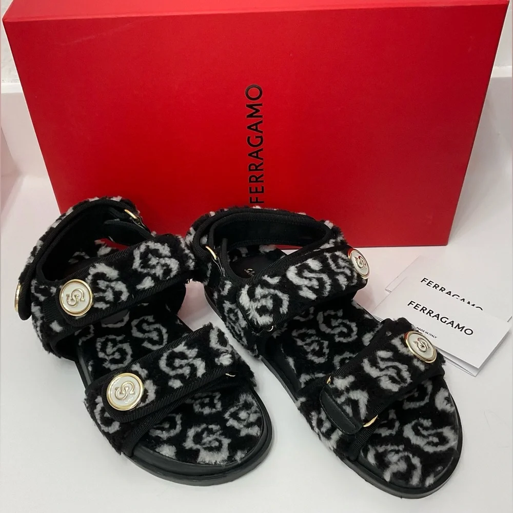 NIB  SALVATORE FERRAGAMO Keita J Gal Genuine Shearling Sandal